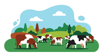 Flat vector illustration of cows grazing on bright green field with mountain view. Solid clean shapes, no gradients, calm countryside life concept, peaceful nature background