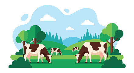 Flat vector illustration of cows grazing on bright green field with mountain view. Solid clean shapes, no gradients, calm countryside life concept, peaceful nature background