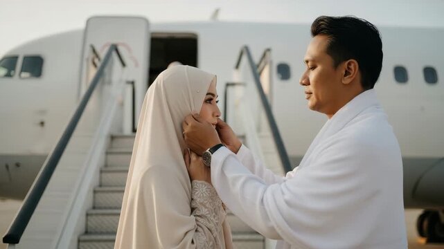 A couple shares an emotional reunion at the airport, demonstrating love and joy as they meet again