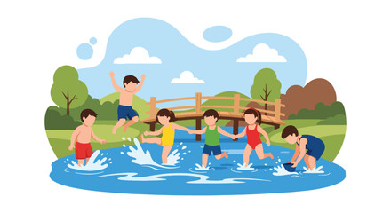 Flat vector illustration of kids playing near wooden bridge by countryside riverbank. Solid bright tones, no gradients, joyful rural activity, fun outdoor lifestyle design