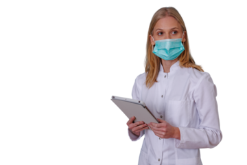 Healthcare professional checking medical data on a tablet, practicing telemedicine and digital health concepts. Transparent background
