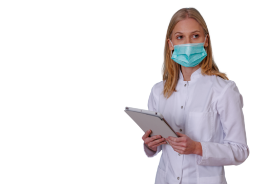 Healthcare professional checking medical data on a tablet, practicing telemedicine and digital health concepts. Transparent background