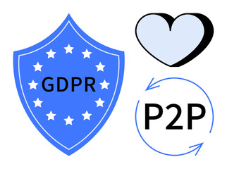 Blue GDPR shield with stars, black and white heart, circular arrows with P2P text. Ideal for data protection, privacy advocacy, compliance, peer-to-peer sharing, security, transparency simple flat