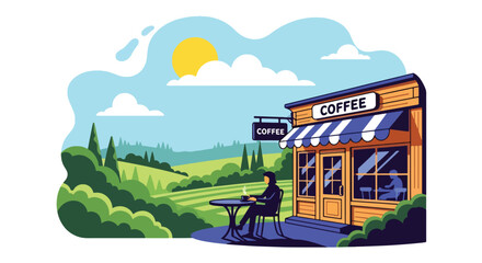 Flat vector illustration of small cafe with outdoor seating and plants in countryside. Solid pastel palette, no gradients, friendly warm atmosphere, simple lifestyle design