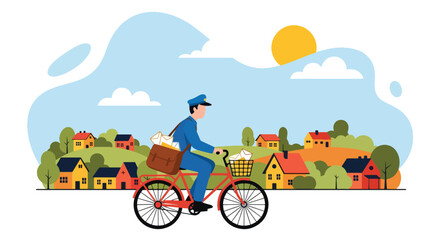 Flat vector illustration of postman on bicycle delivering letters to village houses. Solid light tones, no gradients, minimal geometric style, friendly countryside concept
