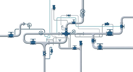Abstract blue pipeline system showcasing an intricate network of industrial pipes, valves, and pressure gauges for fluid dynamics