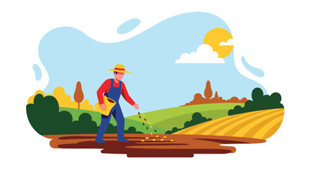 Flat vector illustration of farmer planting seeds in field during sunrise. Solid warm palette, clean minimalist design, no gradients, concept of hope, growth, and new beginnings