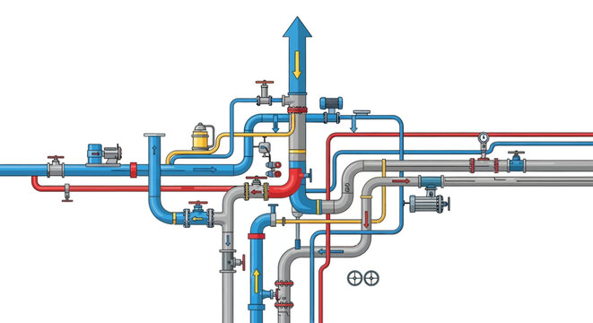 Schematic diagram of a utility pipeline for industrial applications, illustrating the flow of liquids through a network of pipes