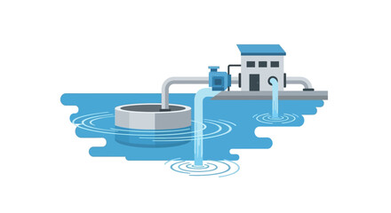 A modern flat design illustration of a water treatment plant, symbolizing purification, sanitation, and sustainable resource management