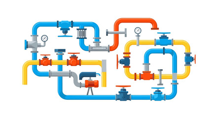 Conceptual illustration of a complex industrial pipeline system with colorful pipes, valves, and pressure gauges, representing infrastructure and engineering