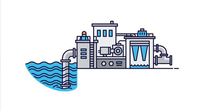 Industrial water treatment plant concept. Vector icon illustration of a filtration system for wastewater purification and sustainable resource management