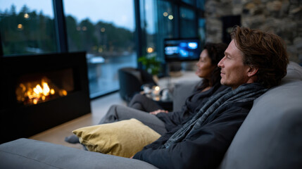 A couple shares a serene moment on a cozy sofa by a glowing fireplace, creating a warm ambiance that reflects love and connection in a stylishly modern living room.