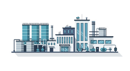 Modern industrial factory building complex with tanks and pipelines, representing the concept of manufacturing and energy production