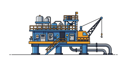 Industrial sea platform for oil and gas extraction, an offshore drilling rig with a crane and pipes. Flat line art vector illustration representing the energy industry
