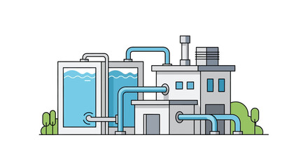 Vector illustration of a modern water treatment plant facility with purification tanks and an industrial building complex