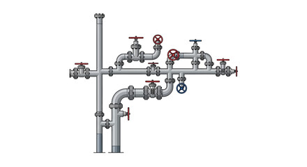 Vector illustration of an industrial pipeline system featuring a complex network of pipes, flanges, and colored control valves for fluid flow management