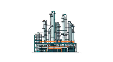 Detailed vector illustration of an industrial oil refinery plant showcasing the complex engineering systems of chemical processing technology