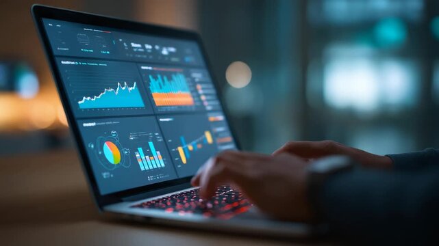 Medium shot of a professional analyzing social media trends on a laptop highlighting emerging market shifts through online data monitoring. - Powered by Adobe