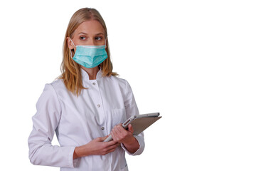 Medical professional woman wearing face mask and lab coat, holding tablet looking sideway on transparent background
