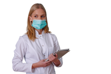 Medical professional woman wearing face mask and lab coat, holding tablet looking sideway on transparent background