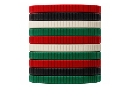 Stack of poker chips representing the united arab emirates flag colors, showing national identity, economy, success, and prosperity