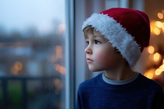 Young boy wearing a Santa hat gazes out a window at dusk, warm Christmas lights glowing softly behind him, copy space