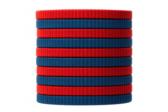 Stacked red and blue checkers pieces forming a tall column. Alternating colors visualize competition, strategy, cooperation, and gaming - Powered by Adobe