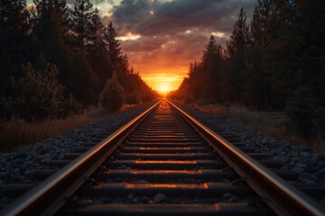 Fototapeta premium A glowing railway through a pine forest under a fiery sunset sky.