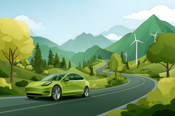 electric car driving on green road with nature around