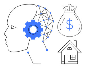 Human head with connected neural network and blue gear, adjacent to dollar money bag and house. Ideal for AI, finance, innovation, technology, economy, real estate data science. Minimalist flat