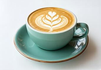 Close-up of a beautiful latte art in a ceramic cup, showcasing intricate leaf pattern, perfect for morning relaxation and coffee indulgence.
