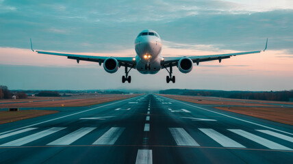 Powerful jet airplane descends for landing on runway, capturing the thrill of global travel and modern aviation
