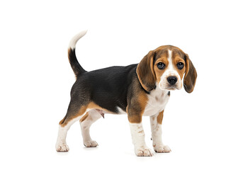 Portrait of a small, cute and playful beagle puppy standing, isolated on a white background, looking directly at the camera with curiosity.