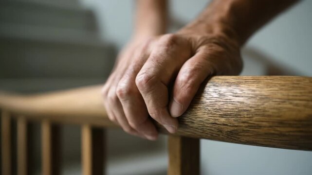 Closeup of skilled hands smoothing wooden handrail highlighting natural textures and sturdy design that enhances staircase safety with warm aesthetic appeal.