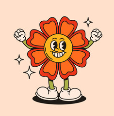 Flower mascot character in retro groovy style. Flat vector illustration.