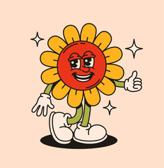 Groovy flower character in retro style. Flat vector illustration.