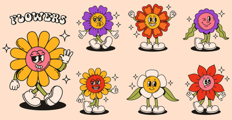 Flower mascot characters in retro groovy style. Flat vector illustration.
