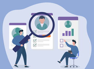 HR Candidate Evaluation in Flat Vector Style, Candidate Screening, Resume Analysis, Profile Magnification, Checklist Review, Talent Assessment
