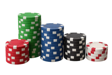 Gambling chips in colorful stacks illustrating casino games, poker bets, risk, and fortune on transparent background