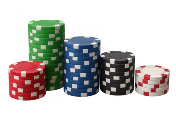 Gambling chips in colorful stacks illustrating casino games, poker bets, risk, and fortune on transparent background