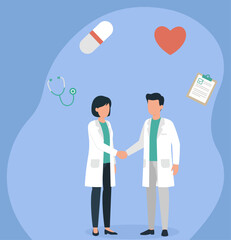 Flat Vector Illustration of Two Doctors Shaking Hands Amid Medical Icons Like Pill, Heart, Stethoscope, and Clipboard, Medical Partnership, Healthcare Teamwork, Doctor Collaboration,