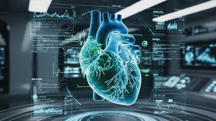 A glowing blue 3D render of a human heart with coronary arteries and veins, displayed on a futuristic medical imaging console with diagnostic graphs and data screens in the - Powered by Adobe