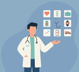 Doctor Presenting Modern Healthcare Icons in Flat Vector Style, Heart Health Monitoring, Genetic Research, Pharmaceutical Treatment, Diagnostic Tools, Wearable Health Tech