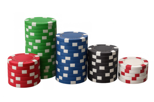Gambling chips in colorful stacks illustrating casino games, poker bets, risk, and fortune on transparent background