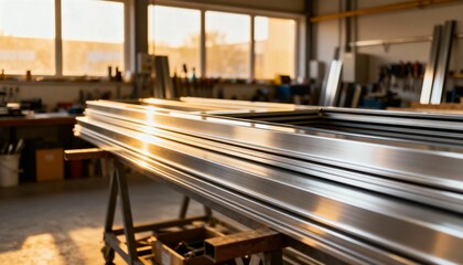 Medium shot of sleek aluminum framing materials stacked neatly in a modern workshop illuminated by natural light