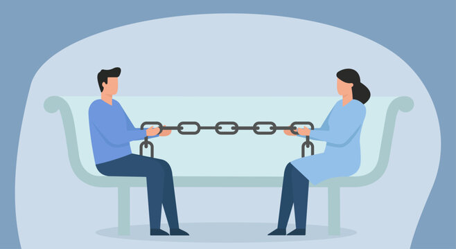 Couple Trapped in Toxic Bond: Flat Vector Illustration of Man and Woman Chained Together on Couch, Toxic Relationship, Codependency, Emotional Chains, Unhealthy Attachment, Relational Bondage