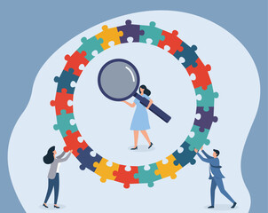 Team Collaboration in Puzzle Investigation: Colorful jigsaw circle with magnifying glass scrutiny and joint assembly, Collaboration, Investigation, Problem-Solving, Teamwork, Unity