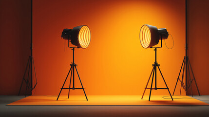 Two studio spotlights arranged before warm orange backdrop for portrait photography.