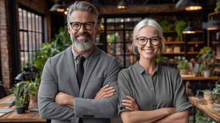 Two confident retail business owners posing together smiling in their shop.