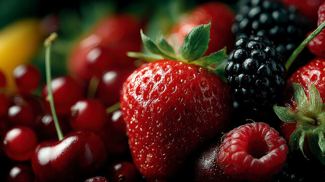 A close up of a bunch of red fruit including strawberries and raspberries